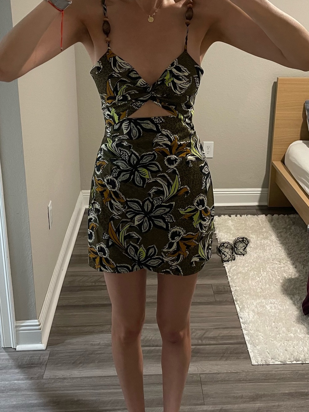 Zara Olive Green Floral Cutout Mini Dress